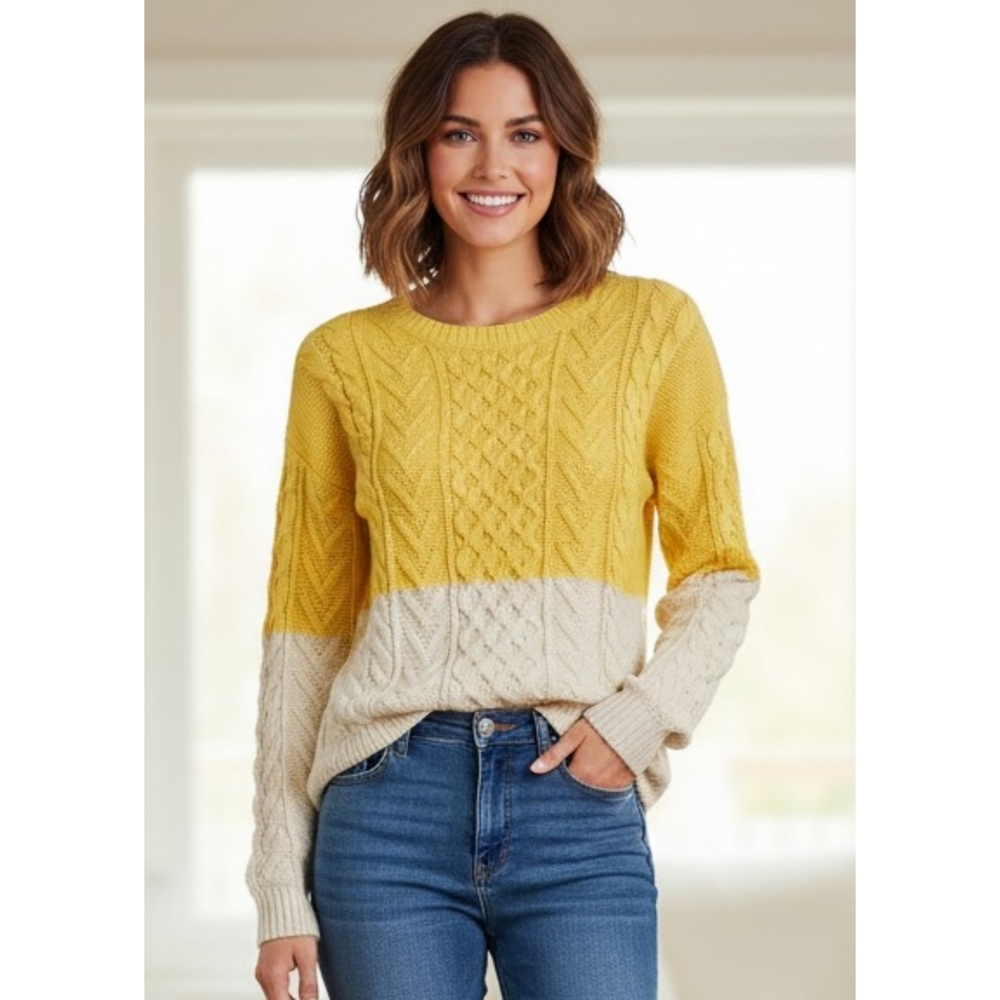 Forever 21 Crewneck Cable Knit Colorblock Sweater Yellow & Cream Size L